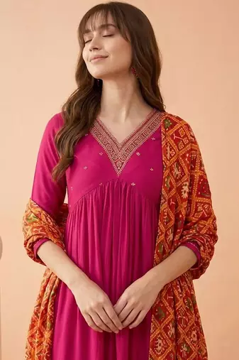 yoke design poly crepe v-neck kurta & trousers with dupatta