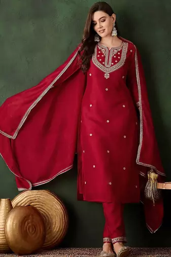 embroidered straight kurta with trousers and dupatta