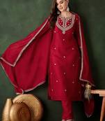 embroidered straight kurta with trousers and dupatta