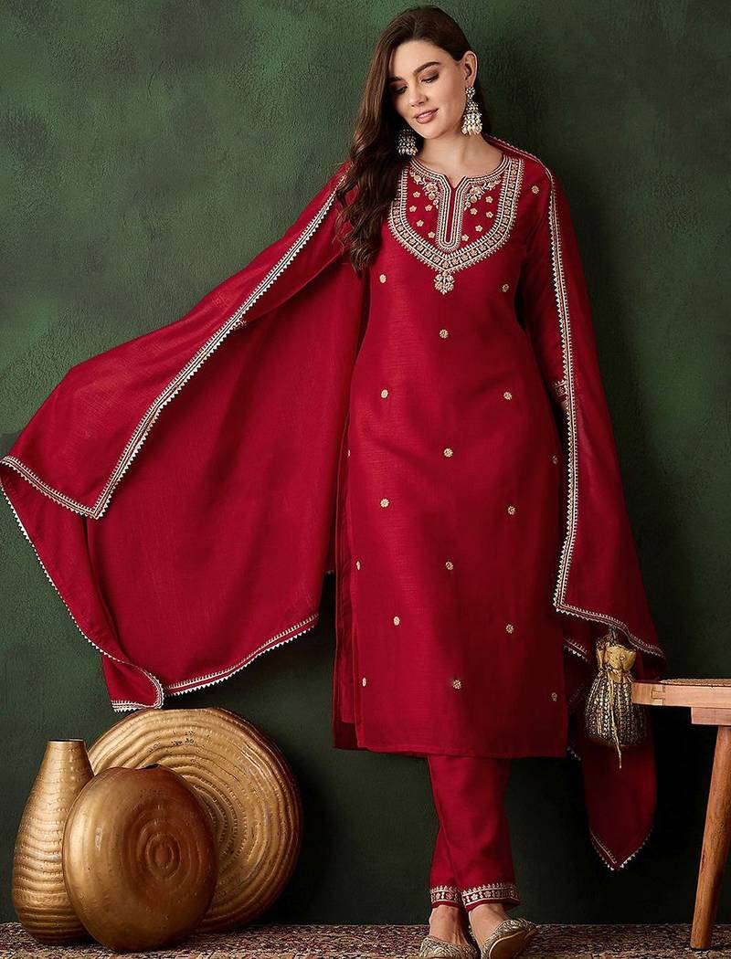 embroidered straight kurta with trousers and dupatta