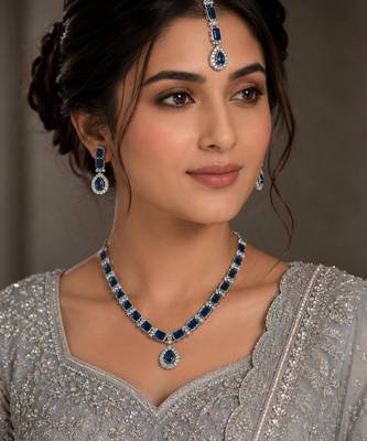 Blue color necklace set with earrings & maang tikka | agate stone | rhodium plated 1