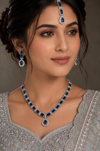 Blue color necklace set with earrings & maang tikka | agate stone | rhodium plated