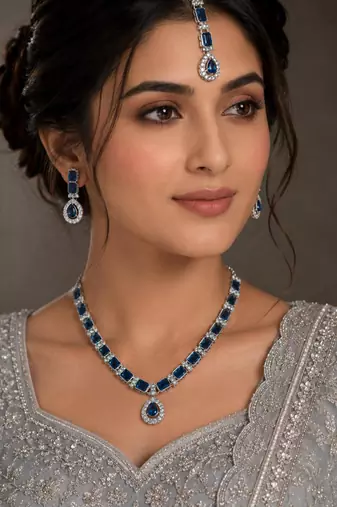 Blue color necklace set with earrings & maang tikka | agate stone | rhodium plated