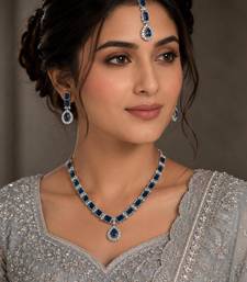 Blue color necklace set with earrings & maang tikka | agate stone | rhodium plated