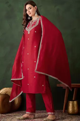 embroidered straight kurta with trousers and dupatta
