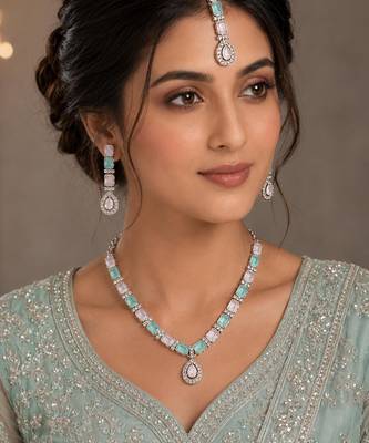 Pink & pista color necklace set with earrings & maang tikka | agate stone | rhodium plated 1