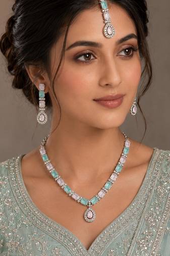 Pink & pista color necklace set with earrings & maang tikka | agate stone | rhodium plated