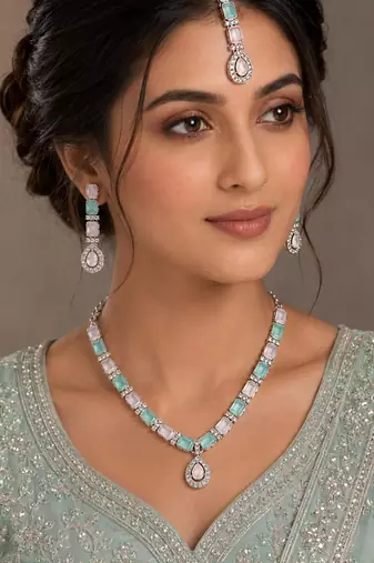 Pink & pista color necklace set with earrings & maang tikka | agate stone | rhodium plated