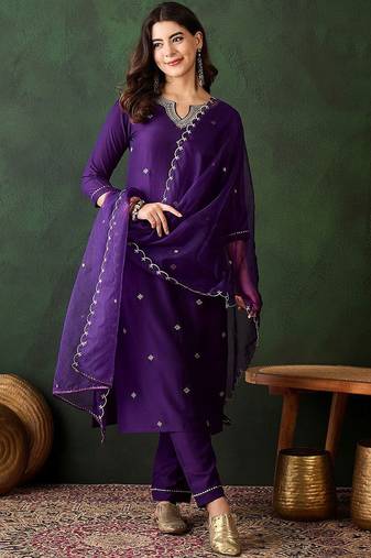 floral embroidered three-quarter sleeves straight kurta & trouser & dupatta