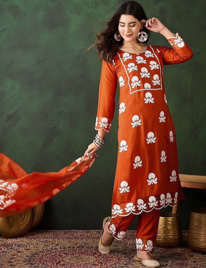 embroidered thread work notch neck straight kurta & trousers with dupatta