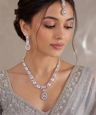 Baby pink color necklace set with earrings & maang tikka | agate stone | rhodium plated 4