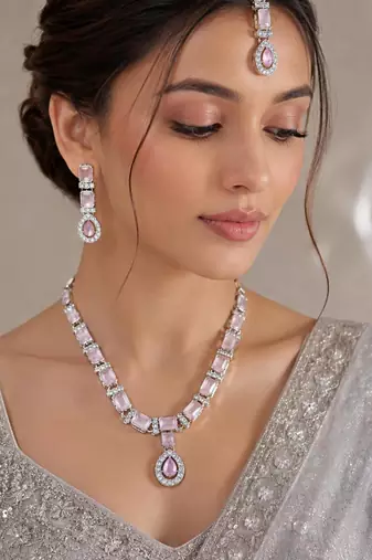 Baby pink color necklace set with earrings & maang tikka | agate stone | rhodium plated