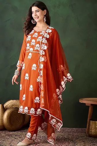 embroidered thread work notch neck straight kurta & trousers with dupatta