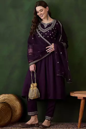 purple floral embroidered zari kurta with trousers & dupatta