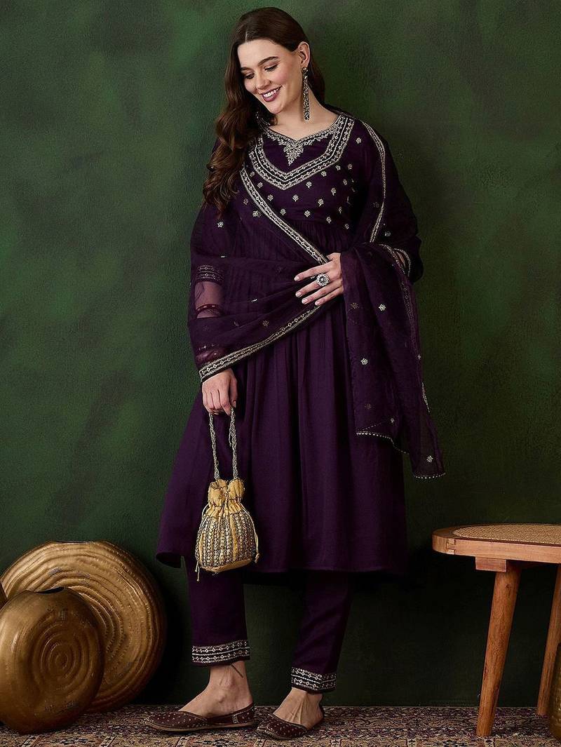 embroidered georgette sweetheart neck anarkali kurta with trousers & dupatta