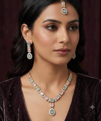Pink & pista color necklace set with earrings and maang tikka     agate stone, antique gold plating 1
