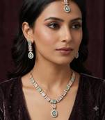Pink & pista color necklace set with earrings and maang tikka     agate stone, antique gold plating