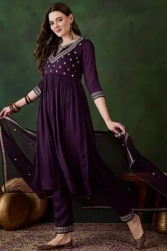 embroidered georgette sweetheart neck anarkali kurta with trousers & dupatta