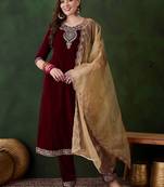 floral embroidered sequinned velvet kurta with trouser & dupatta