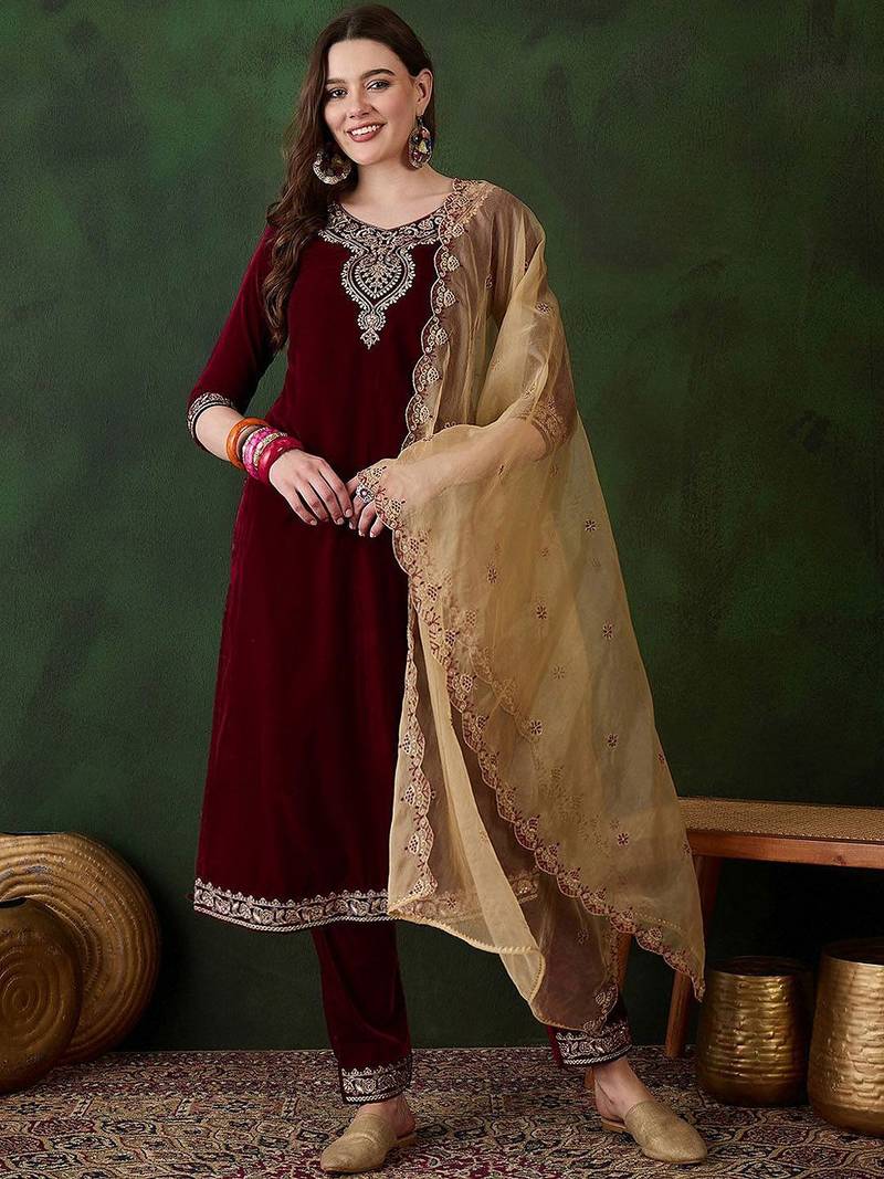 floral embroidered sequinned velvet kurta with trouser & dupatta