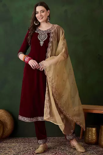 women zari sequence embroidered straight velvet kurta trousers with dupatta