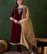 women zari sequence embroidered straight velvet kurta trousers with dupatta