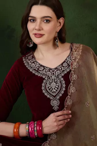 women zari sequence embroidered straight velvet kurta trousers with dupatta