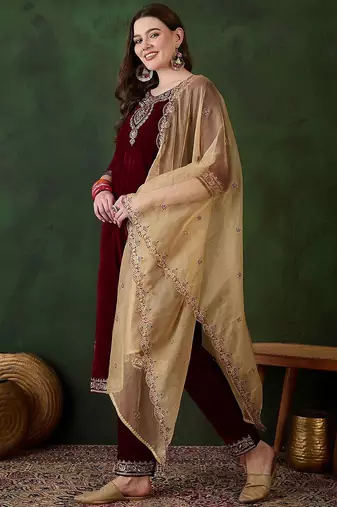 women zari sequence embroidered straight velvet kurta trousers with dupatta