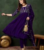 purple floral embroidered regular sequinned georgette kurta & trouser with dupatta
