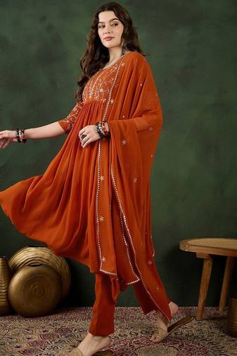 orange floral embroidered regular sequinned georgette kurta & trouser with dupatta
