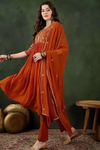 orange floral embroidered regular sequinned georgette kurta & trouser with dupatta