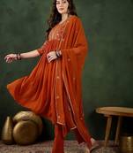 orange floral embroidered regular sequinned georgette kurta & trouser with dupatta
