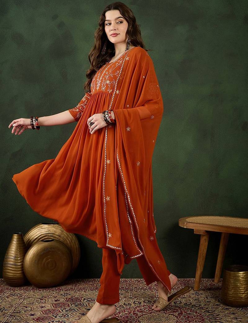 orange floral embroidered regular sequinned georgette kurta & trouser with dupatta