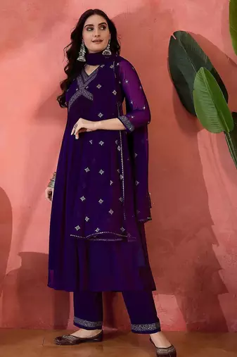 solid floral embroidered a-line pleated empire kurta & trousers with dupatta