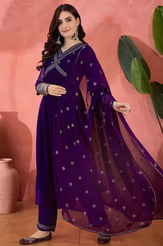 solid floral embroidered a-line pleated empire kurta & trousers with dupatta
