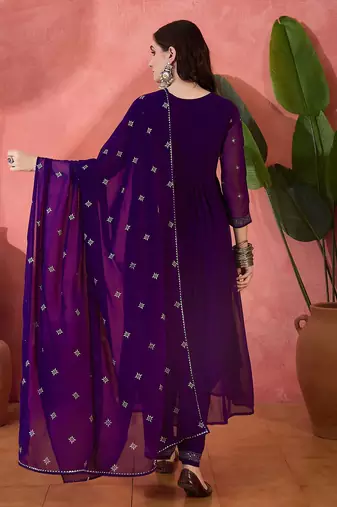 solid floral embroidered a-line pleated empire kurta & trousers with dupatta