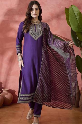 purple floral embroidered round neck straight kurta with trouser and dupatta