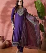 purple floral embroidered round neck straight kurta with trouser and dupatta