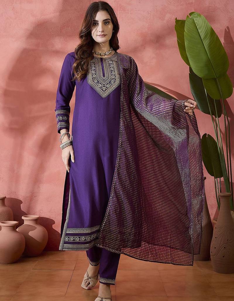 purple floral embroidered round neck straight kurta with trouser and dupatta