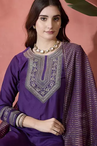 purple floral embroidered round neck straight kurta with trouser and dupatta