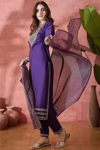 purple floral embroidered round neck straight kurta with trouser and dupatta