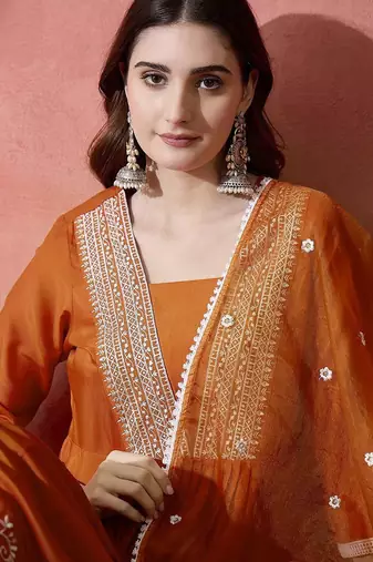 orange floral embroidered pleated thread work a-line kurta with trouser & dupatta