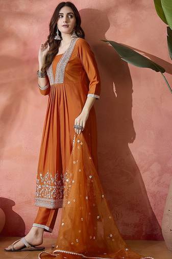 orange floral embroidered pleated thread work a-line kurta with trouser & dupatta