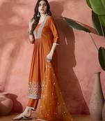 orange floral embroidered pleated thread work a-line kurta with trouser & dupatta
