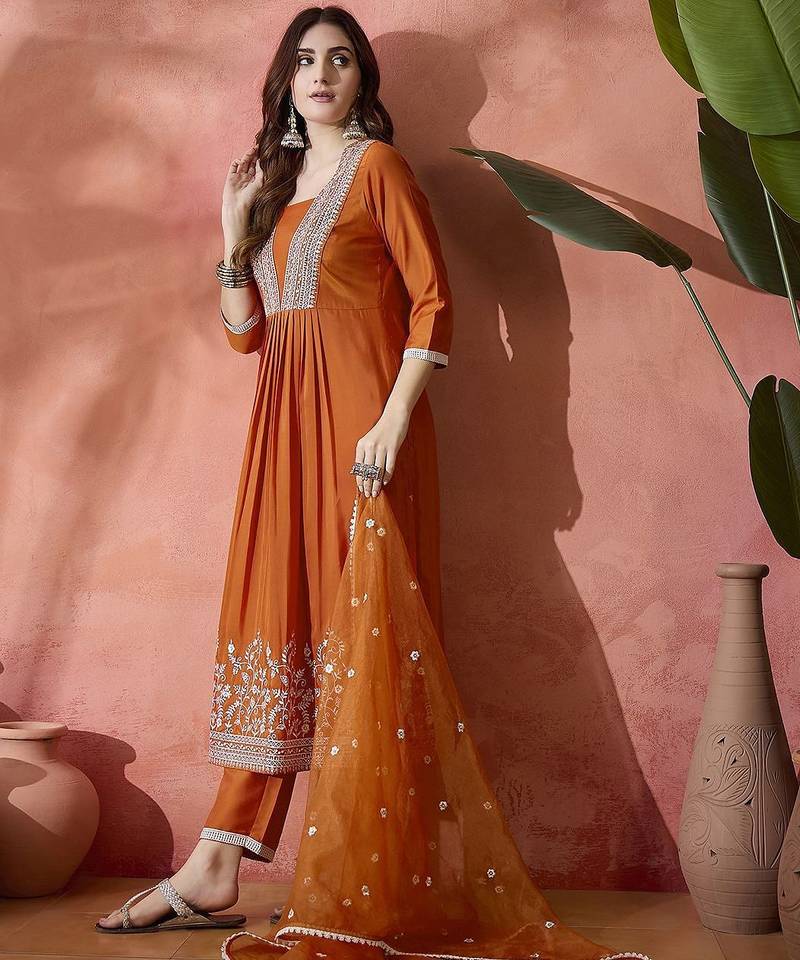 orange floral embroidered pleated thread work a-line kurta with trouser & dupatta