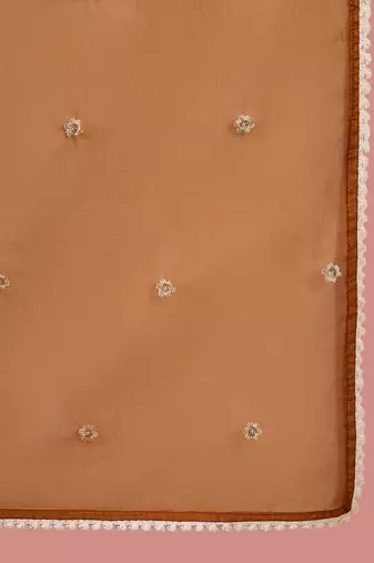 orange floral embroidered pleated thread work a-line kurta with trouser & dupatta