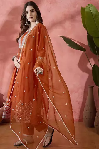orange floral embroidered pleated thread work a-line kurta with trouser & dupatta