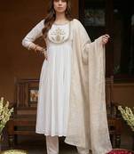 embroidered round neck kurta & trousers with dupatta