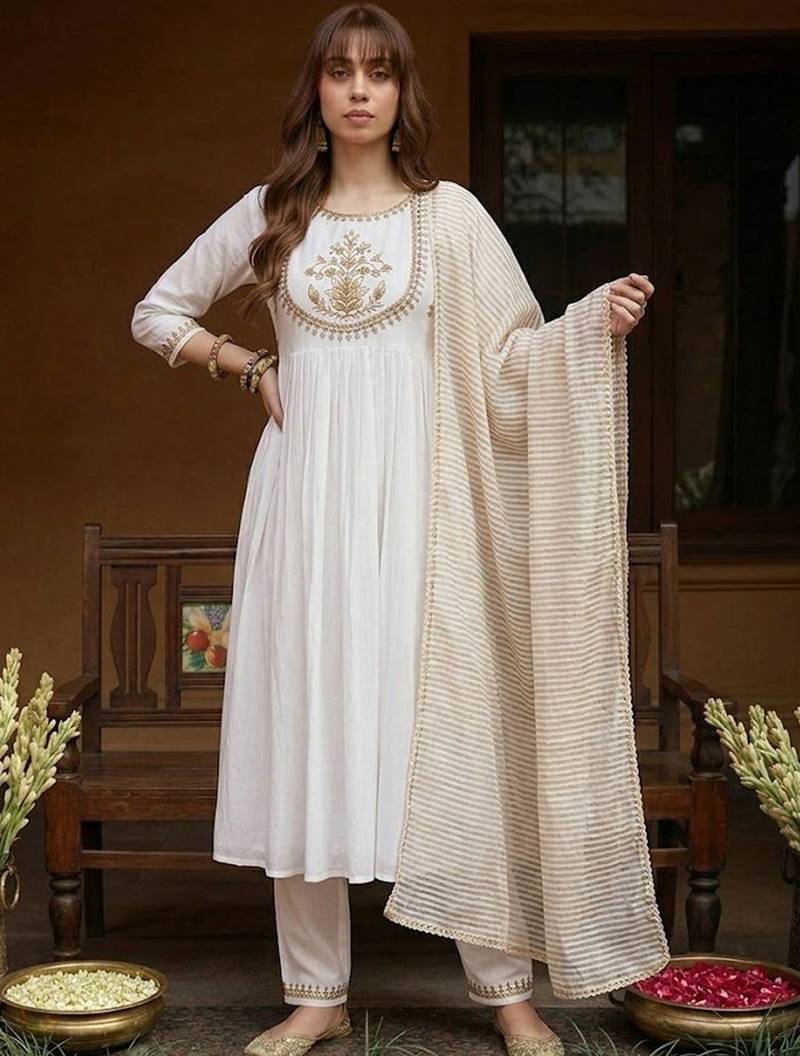 embroidered round neck kurta & trousers with dupatta