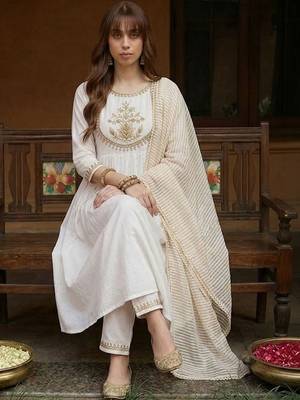 embroidered round neck kurta & trousers with dupatta 4